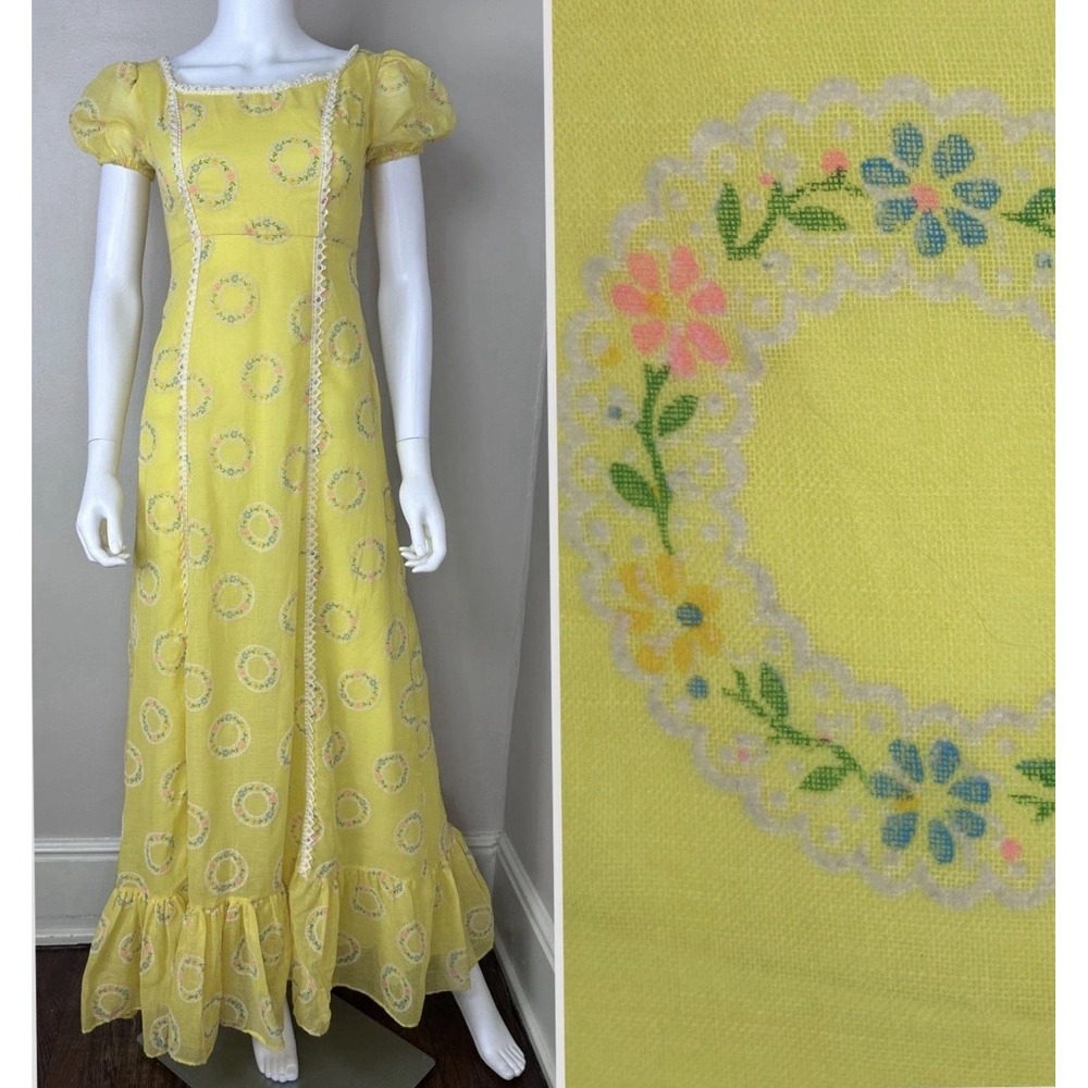 Vtg Prairie Dress Yellow Floral Puff Sleeve Maxi Cottagecore JCPenney 70s Sz 13
